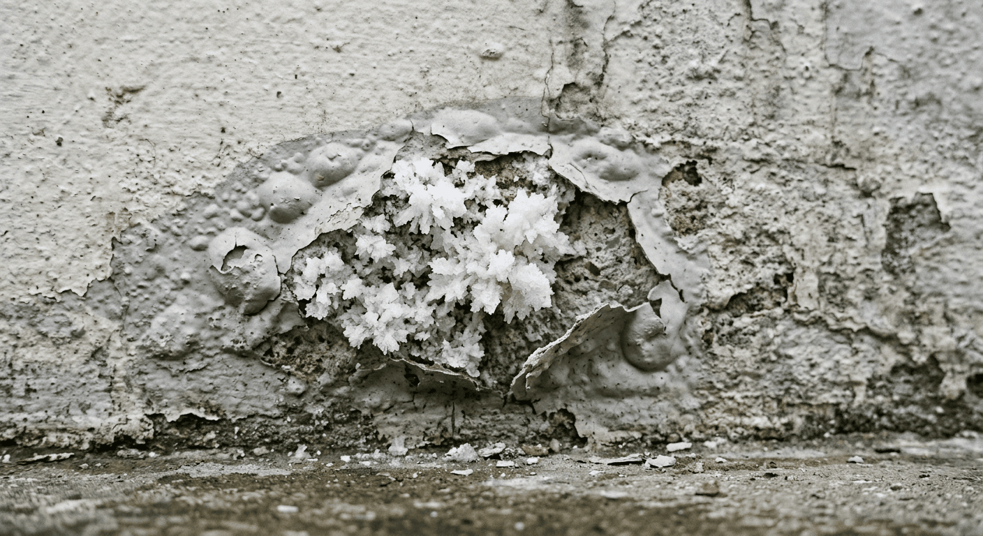 Efflorescence: White, fluffy or crystalline deposits pushing through paint on masonry or plaster, usually low on walls or around chimneys