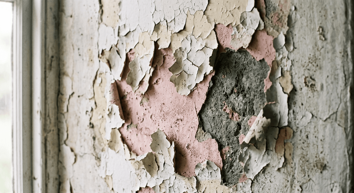 Flaking and peeling: Paint lifting in brittle flakes or peeling in soft sheets, often revealing a chalky, powdery or glossy layer below