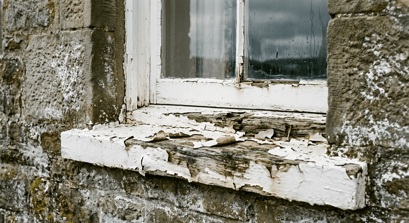 Close view of flaking paint lifting from a wall