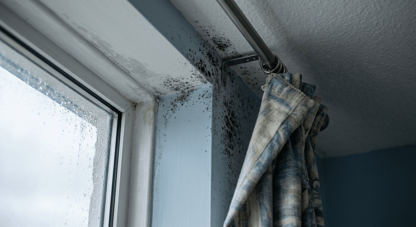 Mould and mildew: Black, green or grey speckling that grows in corners, behind furniture, on cold external walls and around windows