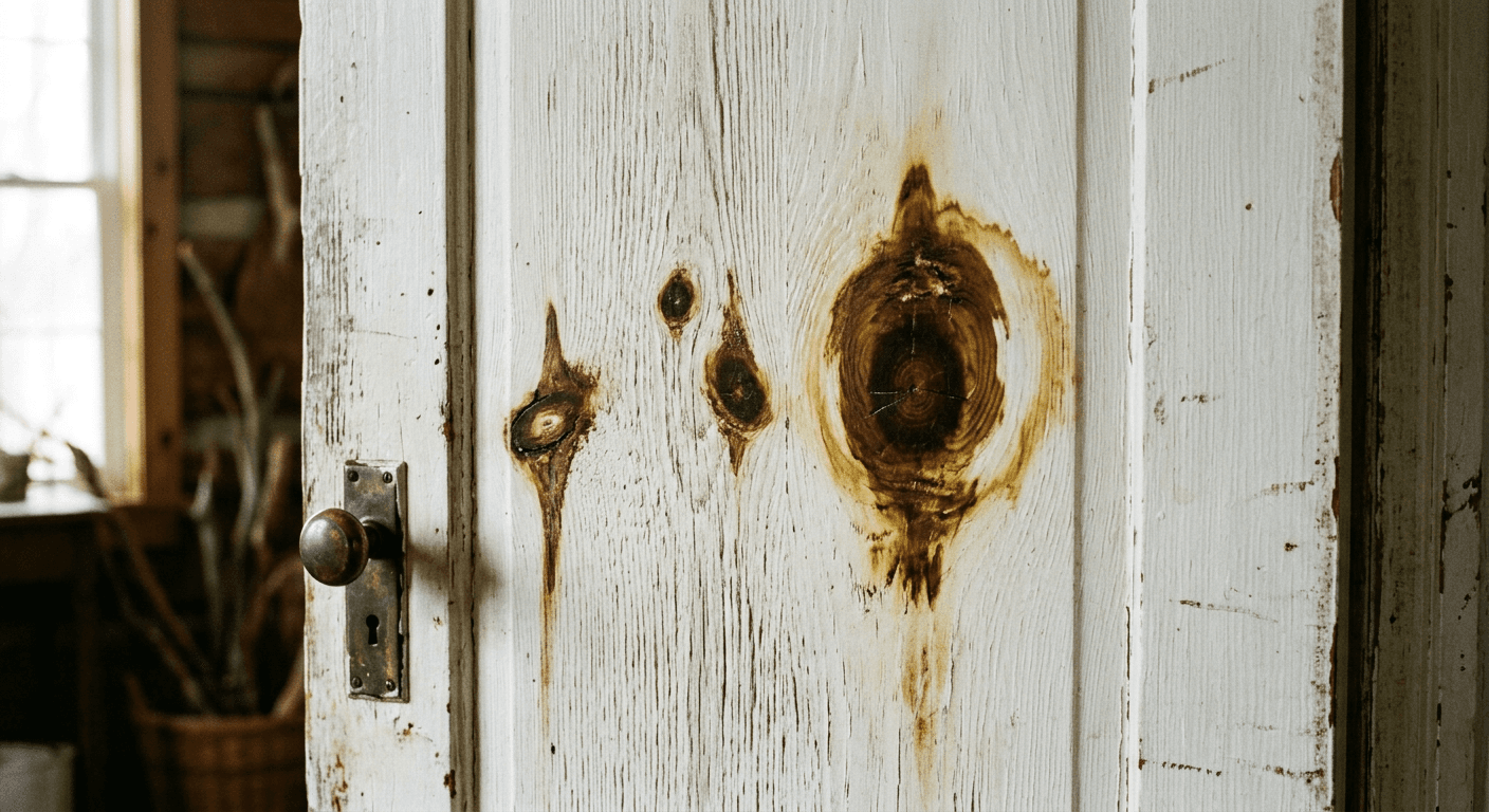 Tannin and knot bleed: Brown or yellow stains ghosting through white or pale paint on pine, oak and cedar, often as a halo around a knot