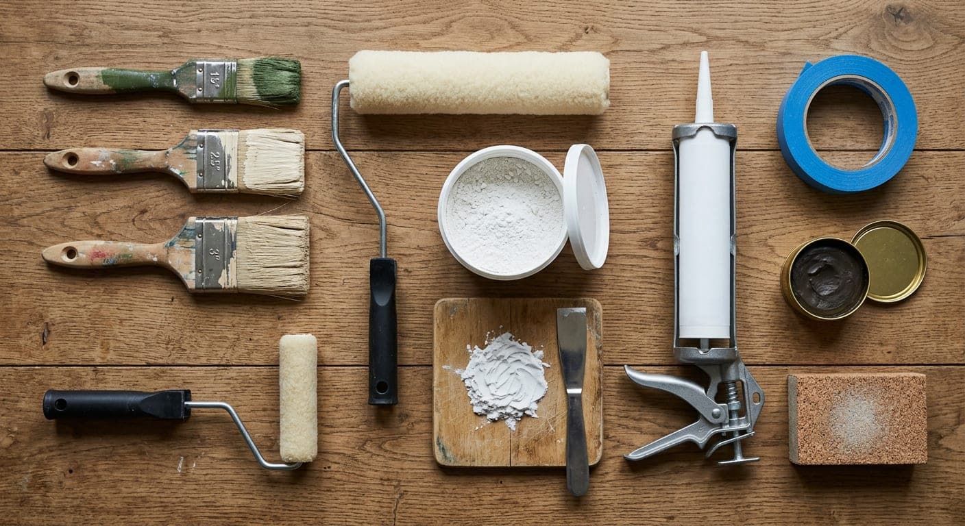 A decorator’s workbench with brushes, roller sleeves, filler, caulk gun and tape arranged on oak