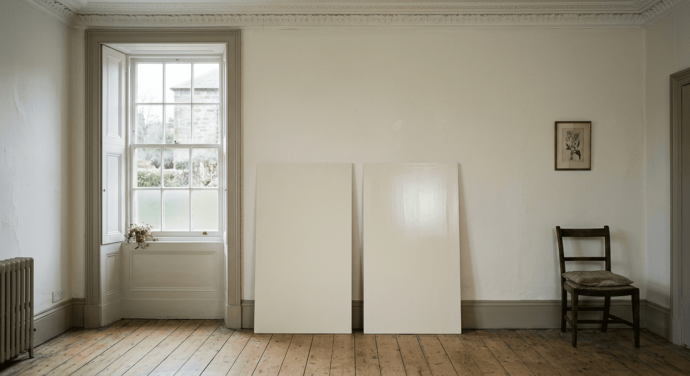 Two painted sample boards, one matt and one eggshell, leaning against the wall of a north facing Victorian room
