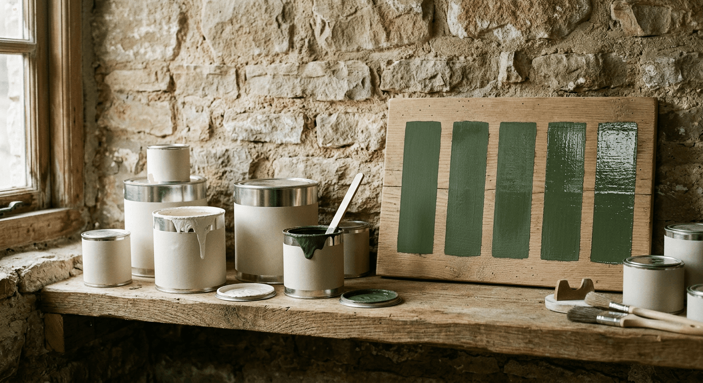 Tins of paint lined along a timber shelf, labels facing out