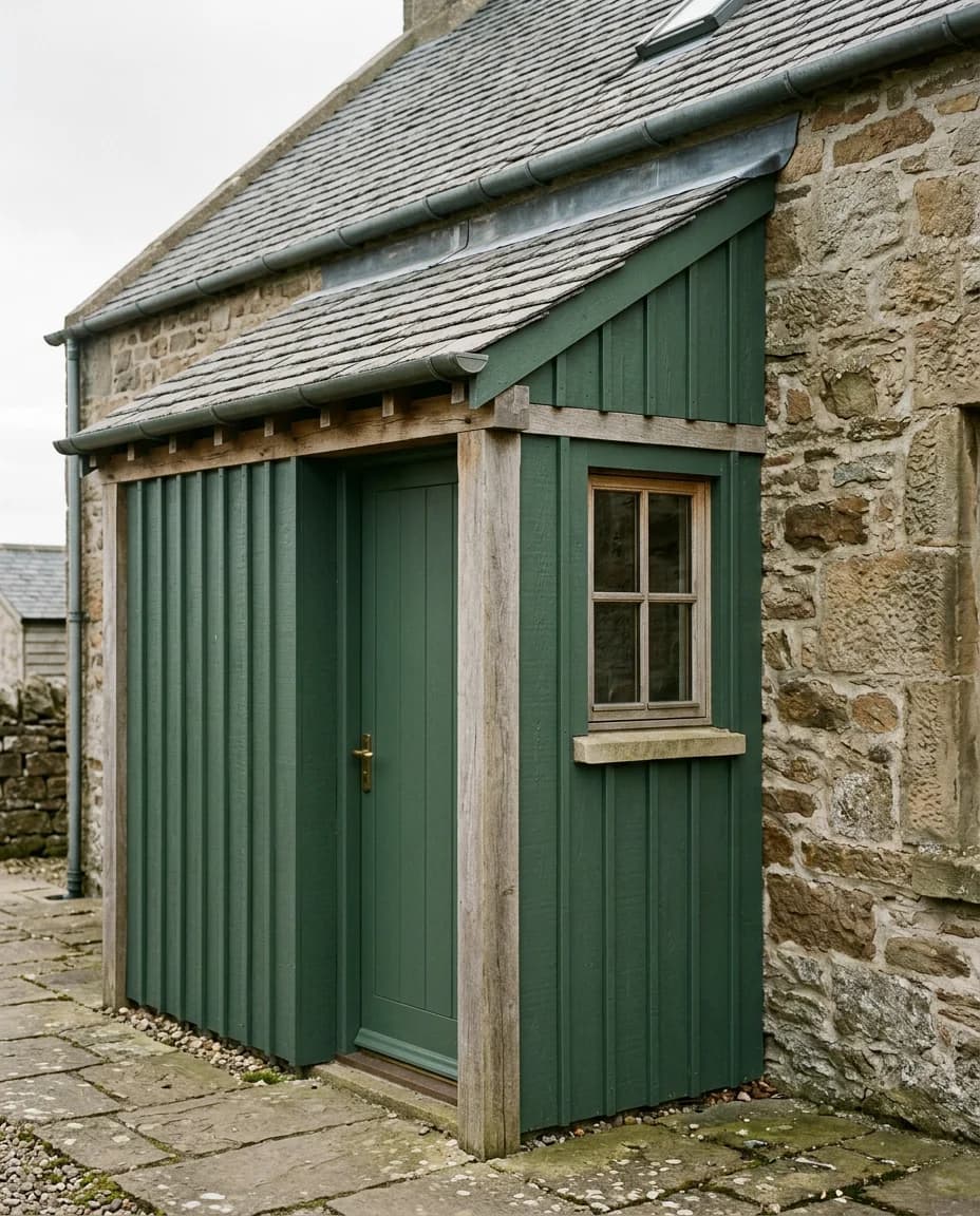 Illustrative green painted timber porch and cladding beside a sandstone cottage wall