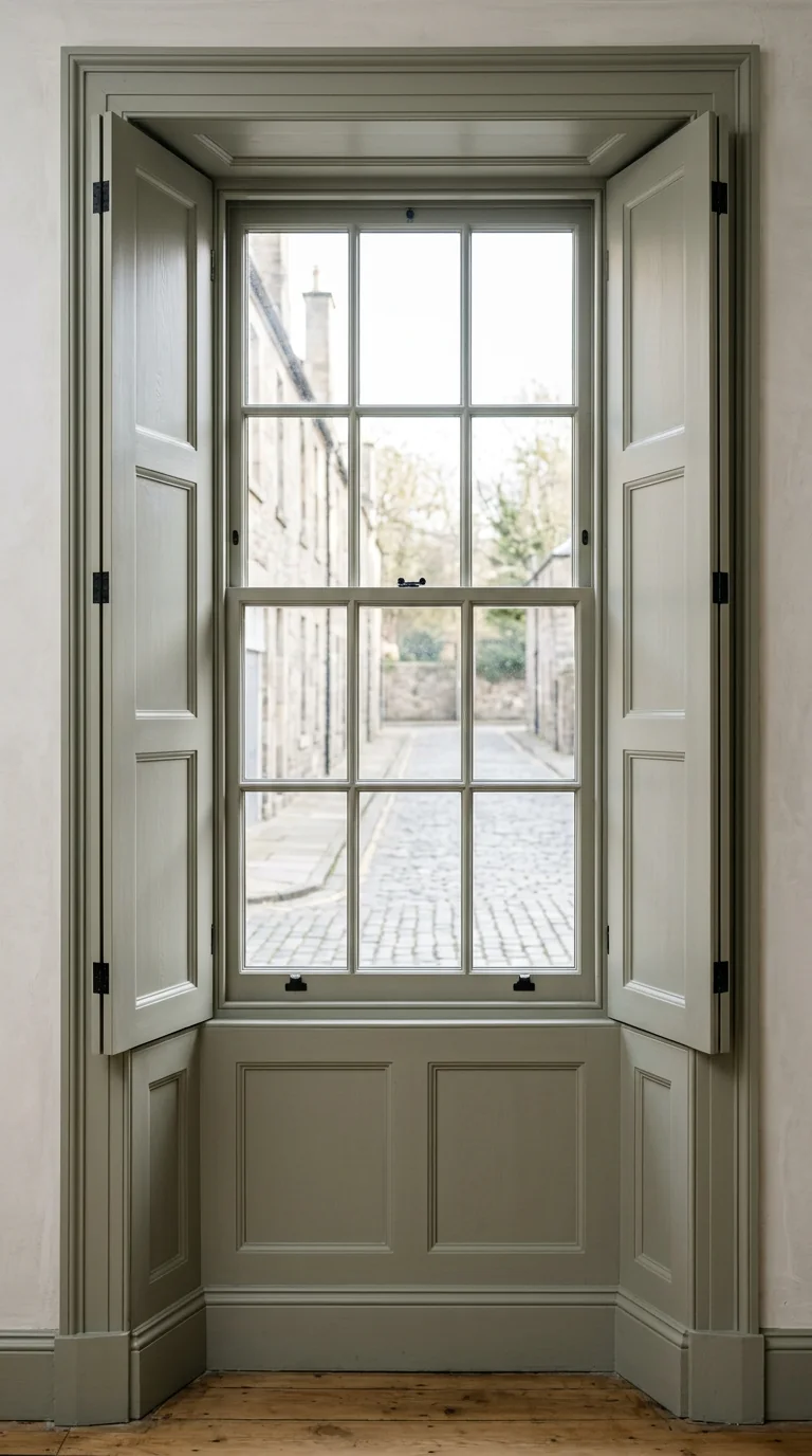 Full height timber shutters beside a sash window with matching sage grey panelling below