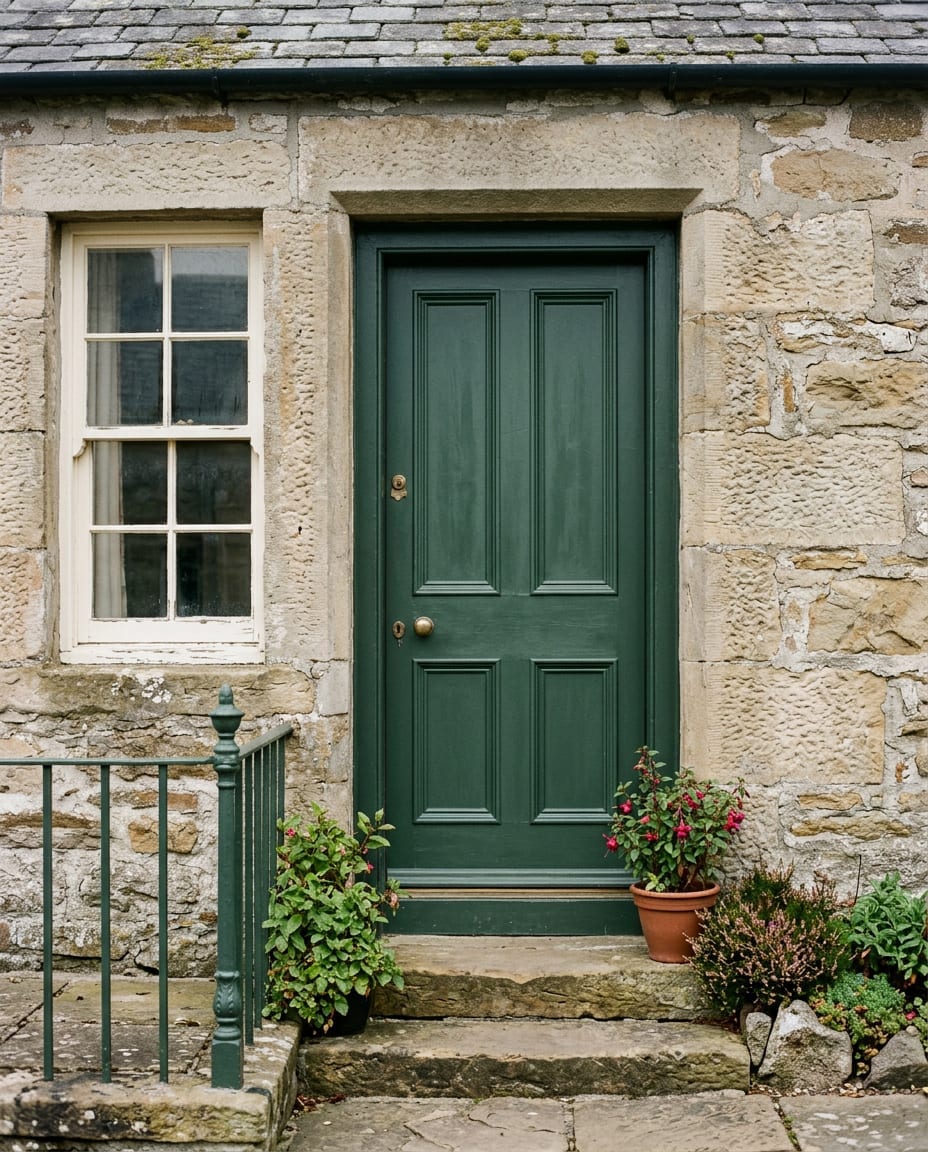 Illustrative stone cottage entrance with a green painted door and metal railing