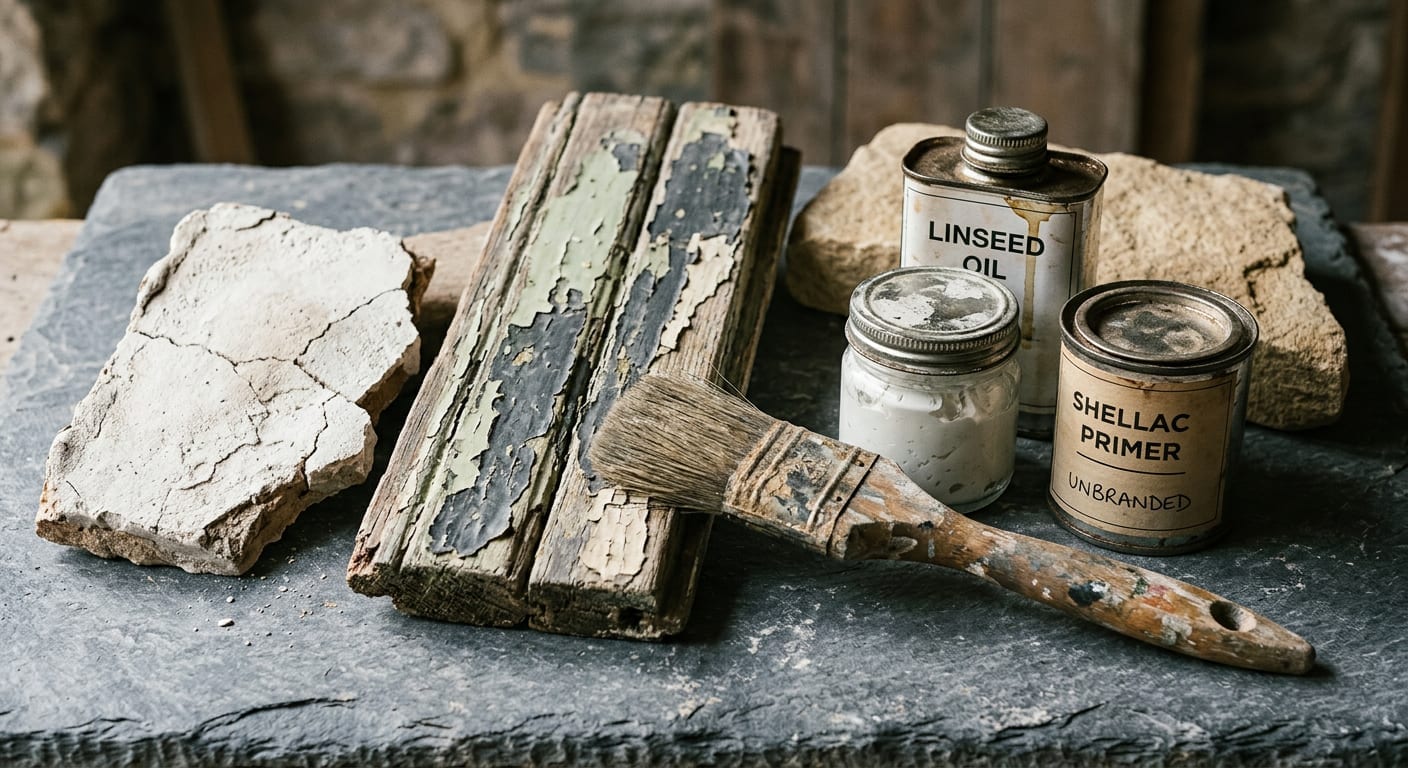 Old lime plaster, weathered sash timber with layered paint, sandstone, linseed oil and a worn bristle brush on slate