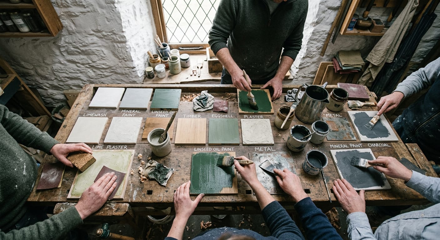 Several pairs of hands with brushes and sanding blocks working on labelled test panels of limewash, mineral paint and oil paint on a timber workbench