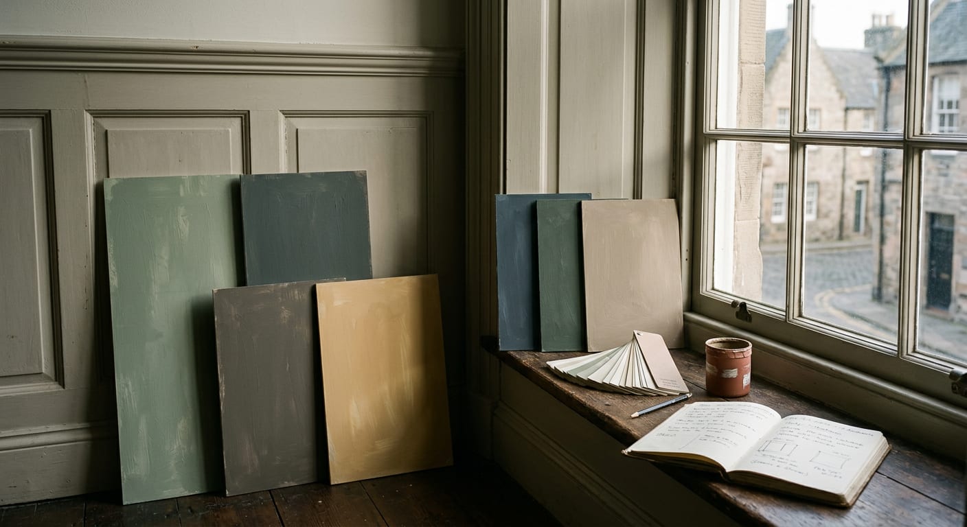 Hand painted colour sample boards in greens, stone and blue grey propped against a panelled wall beside a sash window, with a fan deck and notebook on the sill