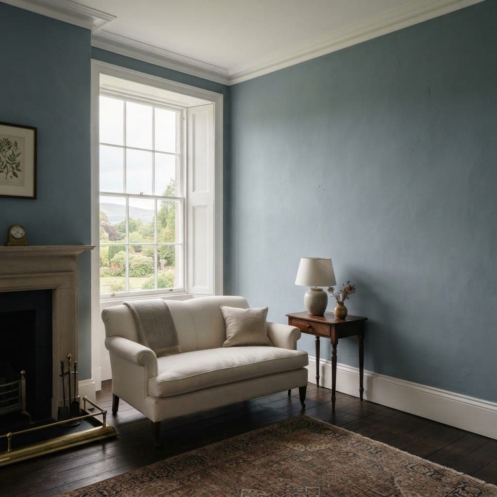 Sitting room with muted blue walls used to compare changing light