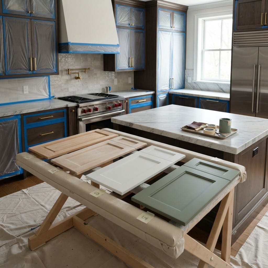 Illustrative preparation study with protected cabinetry and sample doors