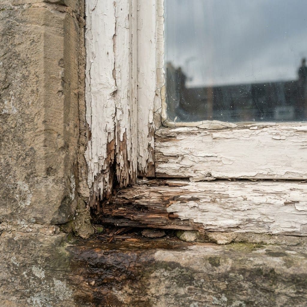 Weathered timber sash window with peeling coating and decayed lower joints