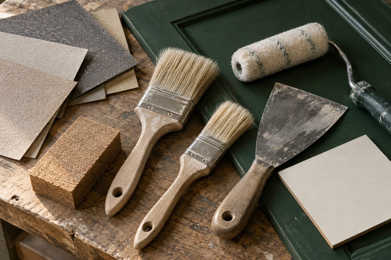 Brushes, sandpaper, a cork sanding block and a roller arranged on a workbench beside a painted green panel