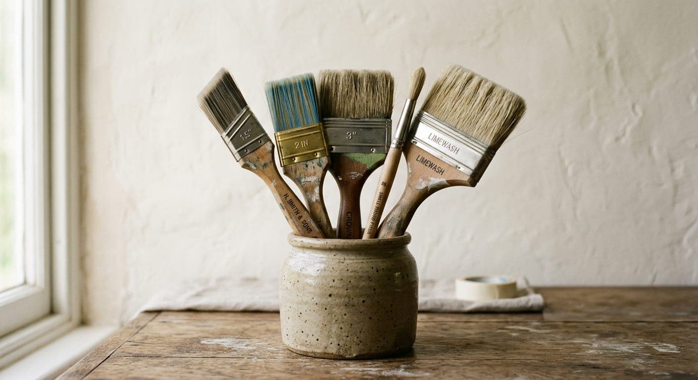 Five decorating brushes standing in a stoneware jar against a plaster wall