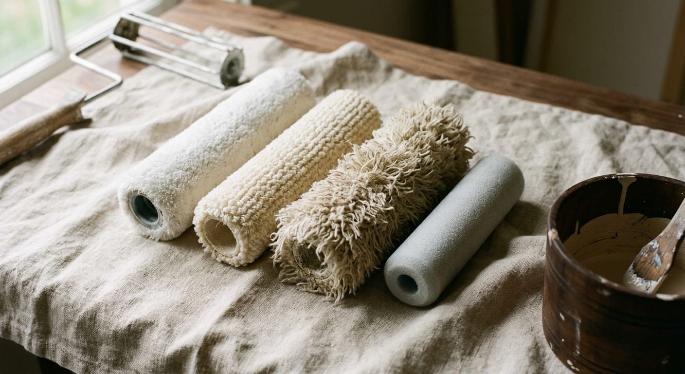 Four roller sleeves with different pile lengths laid on linen
