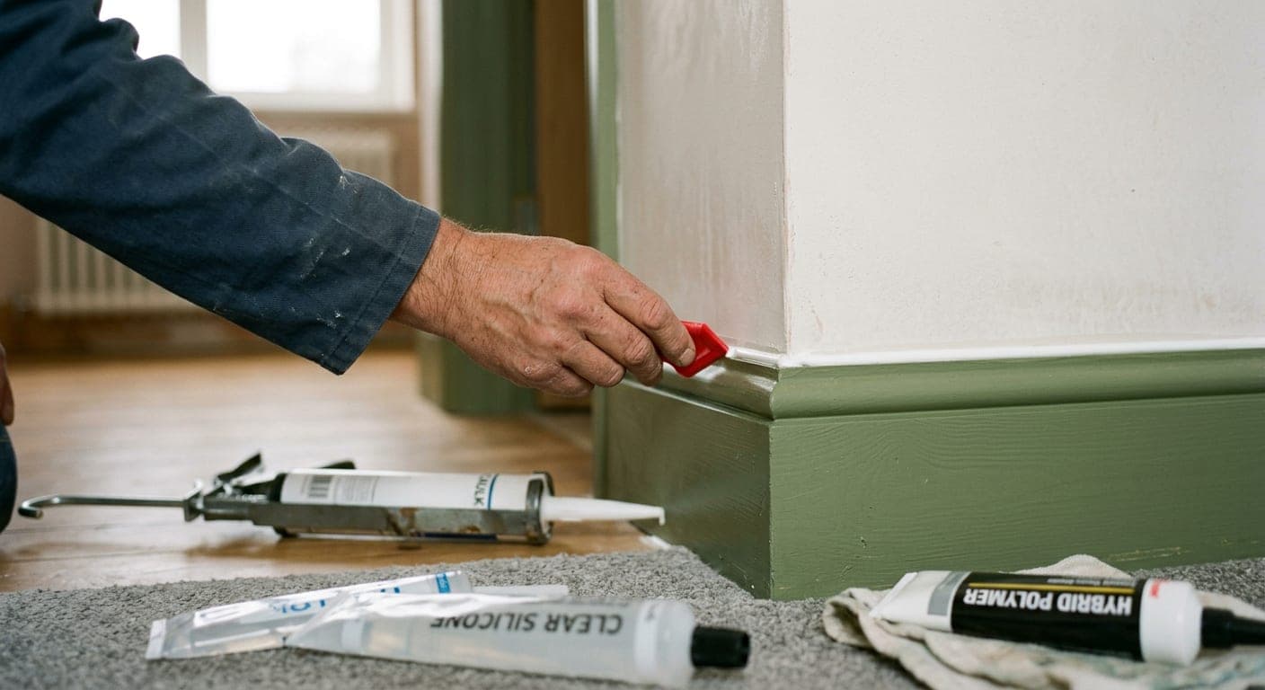 A bead of caulk being tooled along a skirting board joint
