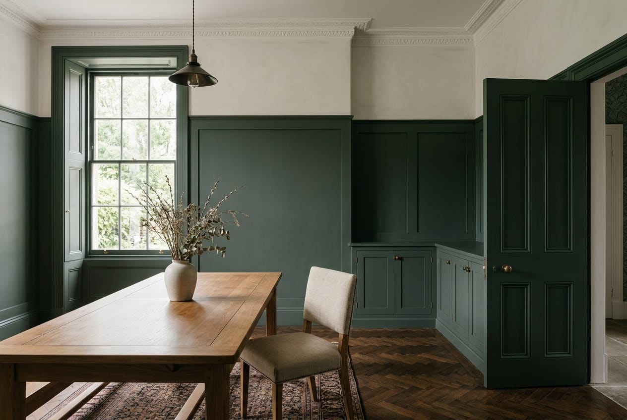 Illustrative interior with green painted panelling, cabinetry and a panelled door