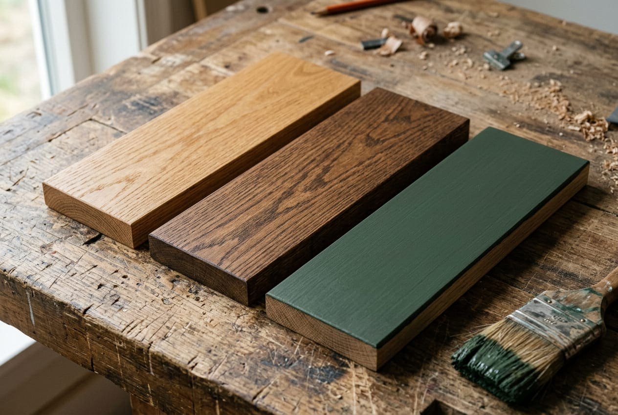 Illustrative oak samples showing painted, stained and clear timber finishes